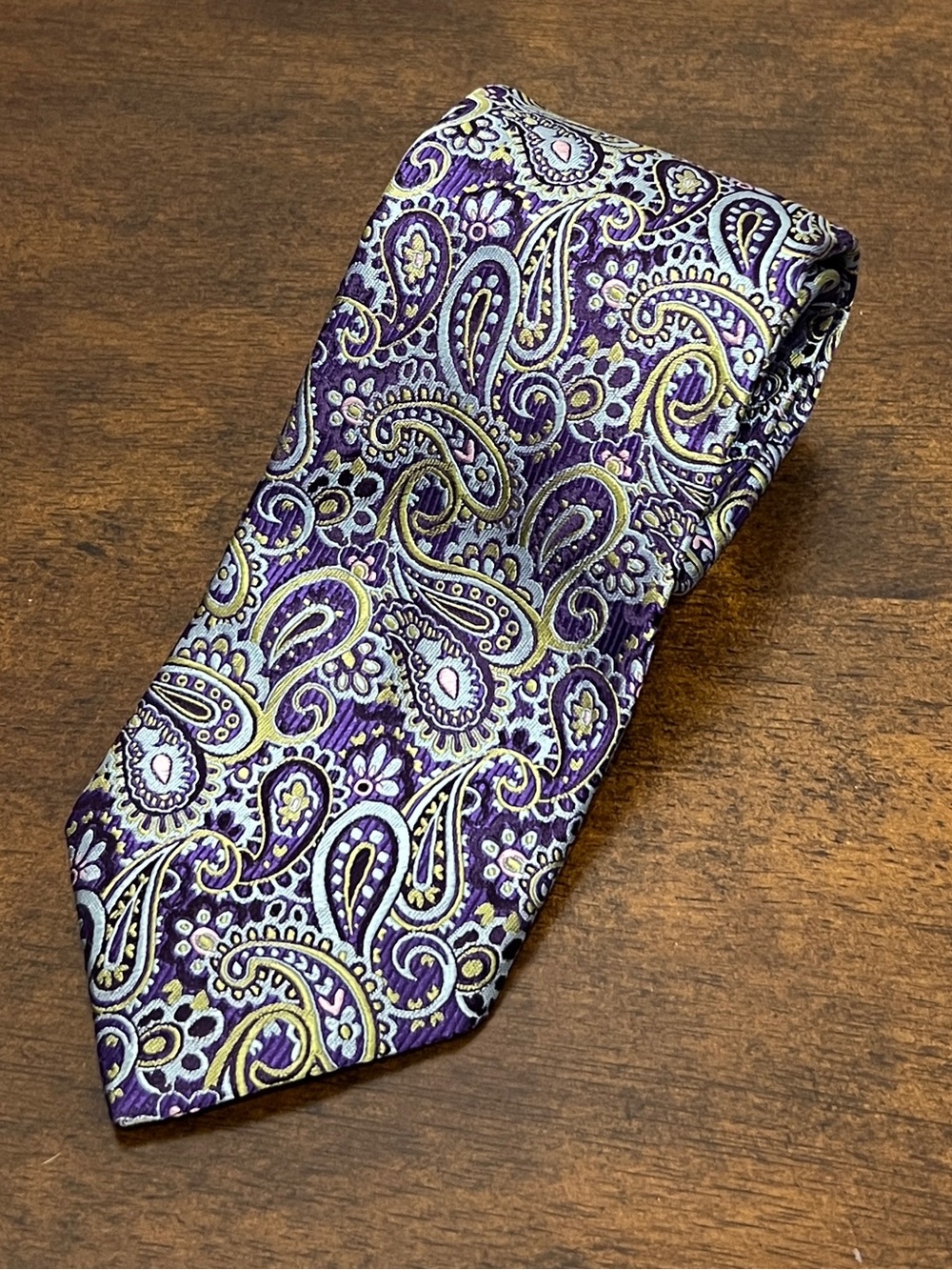 Santorelli Purple Paisley Tie with Gold and Cream Accents